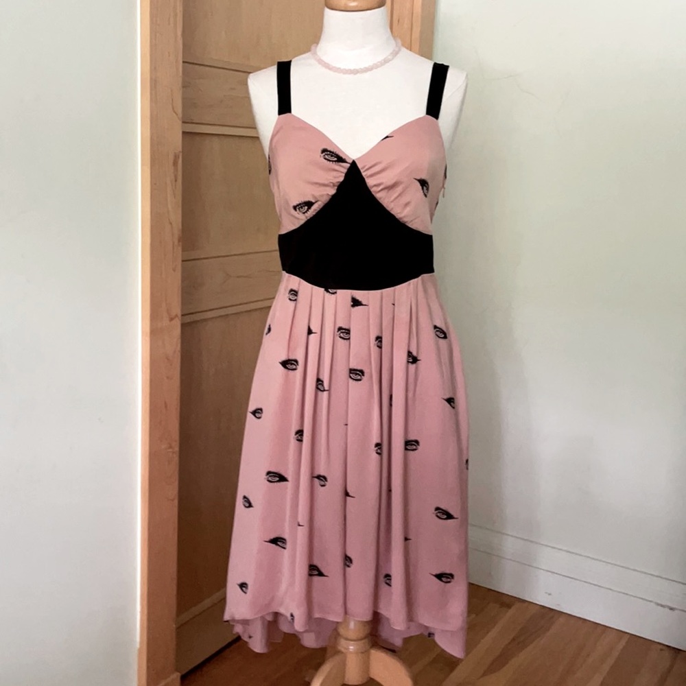 Dusty Pink Sleeveless Midi Dress With Black Accents And Open Back, Size 10